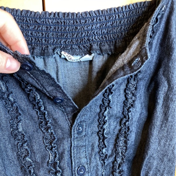 Mudd navy blue denim romper, tuxedo button, elastic waist, front size M (J1072) - Picture 5 of 14